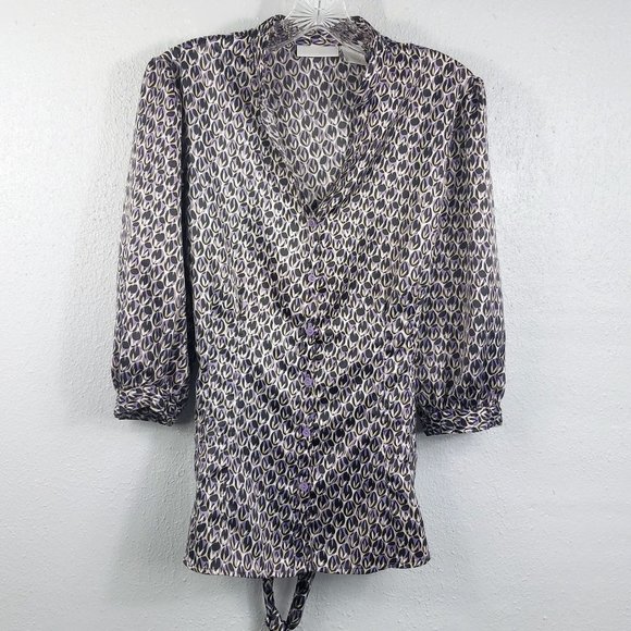 Worthington Tops - Worthington Women's Purple & Silver Tie Back Bishop Sleeve Shirt Top Blouse